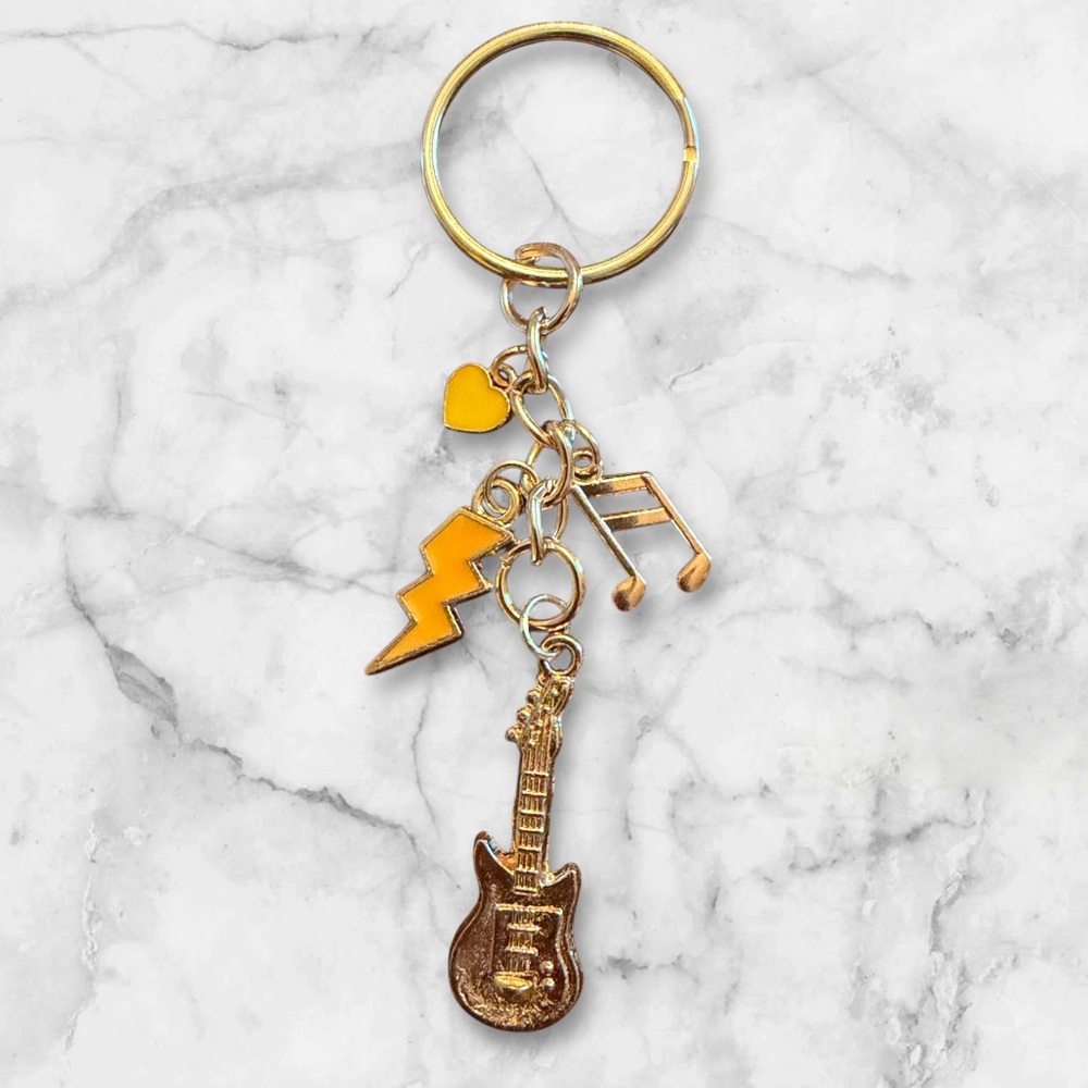 Gold Guitar Keychain with Yellow Lightning & Heart Charms